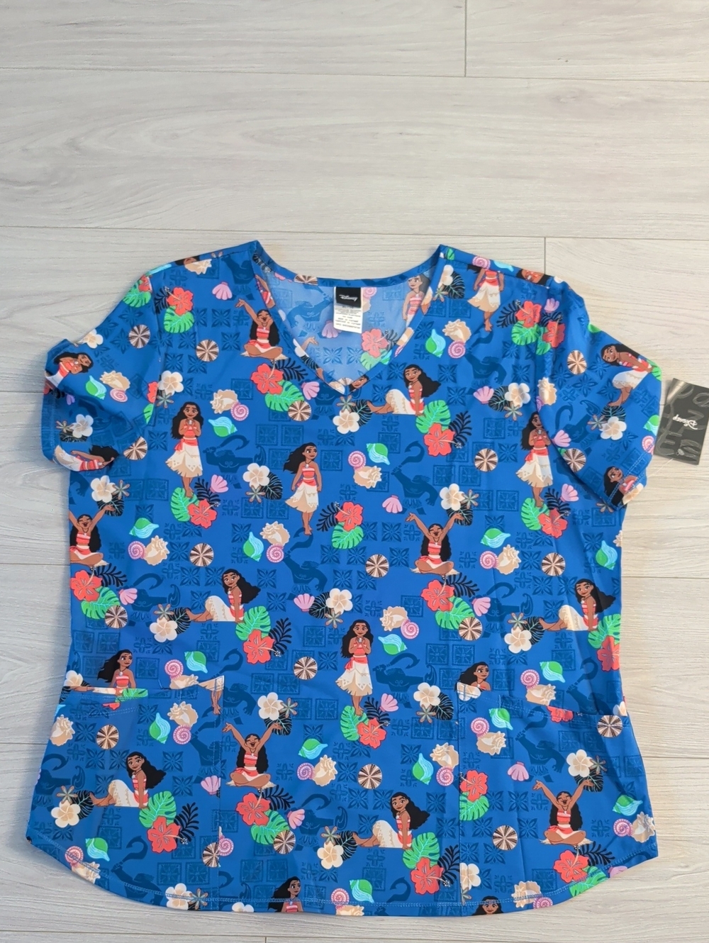 Disney Blue Moana Print Short Sleeve Healthcare/Scrub V-Neck Top